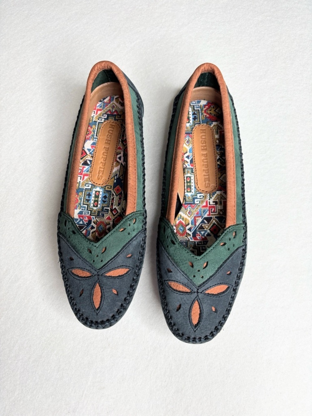 Hush Puppies Leather Slip On Flats, Size 6B, Charcoal Navy & Rust Nubuck